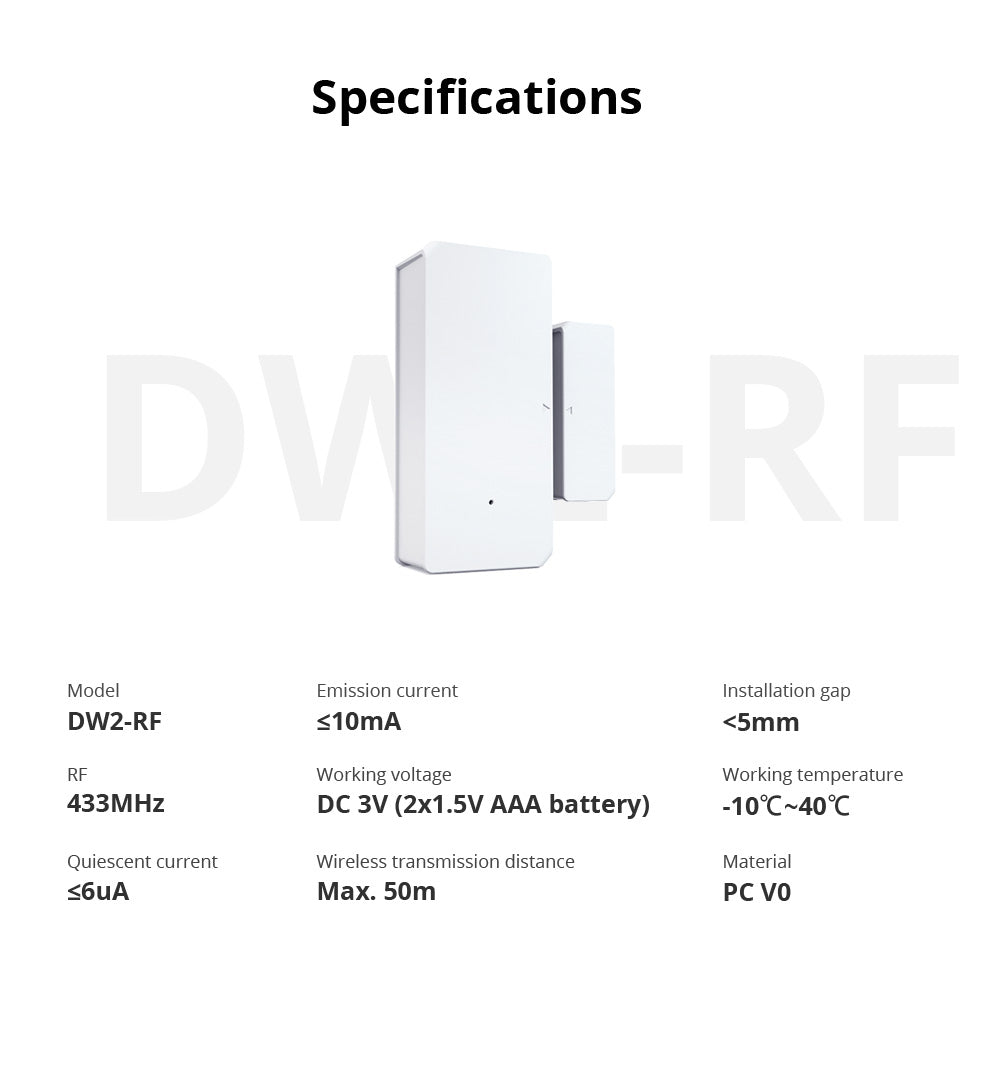 Sonoff DW2-RF - 433MHz drahtloser Tür-/Fenstersensor, Alarmsensor Smart Home