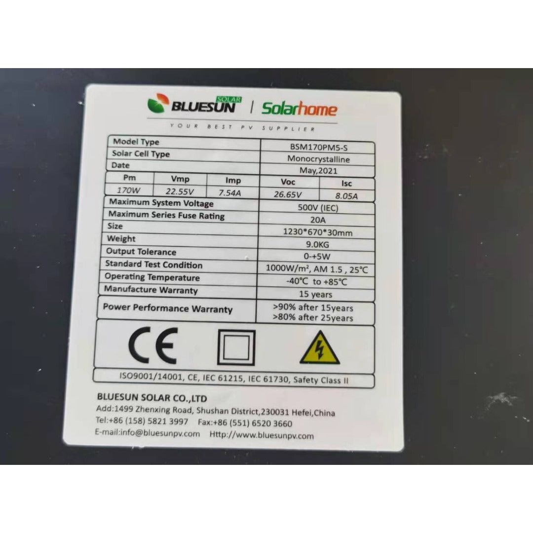 Bluesun BSM170PM5-S 170W 22.55V Monokristallines Hocheffizienz-Solarmodul Full Black