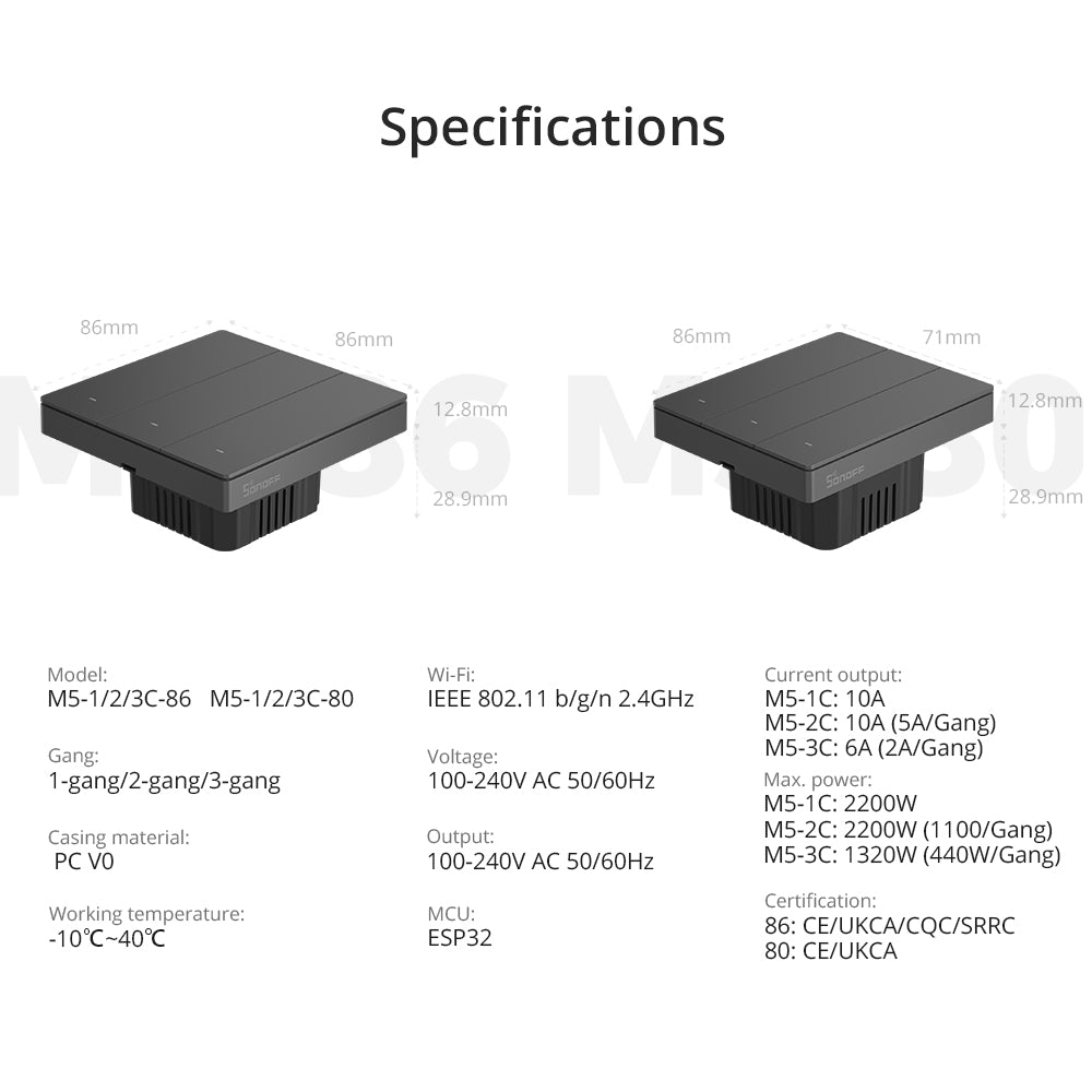 Sonoff M5 Switch WiFi, mechanischer Wand Schalter M5-1C-80, M5-2C-80, M5-3C-80