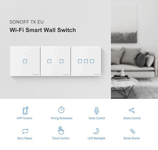 Sonoff T0EU1C-TX, T0EU2C-TX, T0EU3C-TX touch Wi-Fi Wall smart switch weiß, WLAN-Lichtschalter