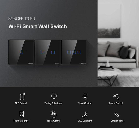 Sonoff T3EU1C-TX, T3EU1C-TX, T3EU1C-TX touch Wi-Fi + 433MHz Wall Smart Switch schwarz Lichtschalter